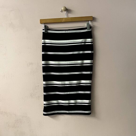 Forever 21 Black & Cream Striped Midi Skirt Size S EUC - Picture 1 of 12
